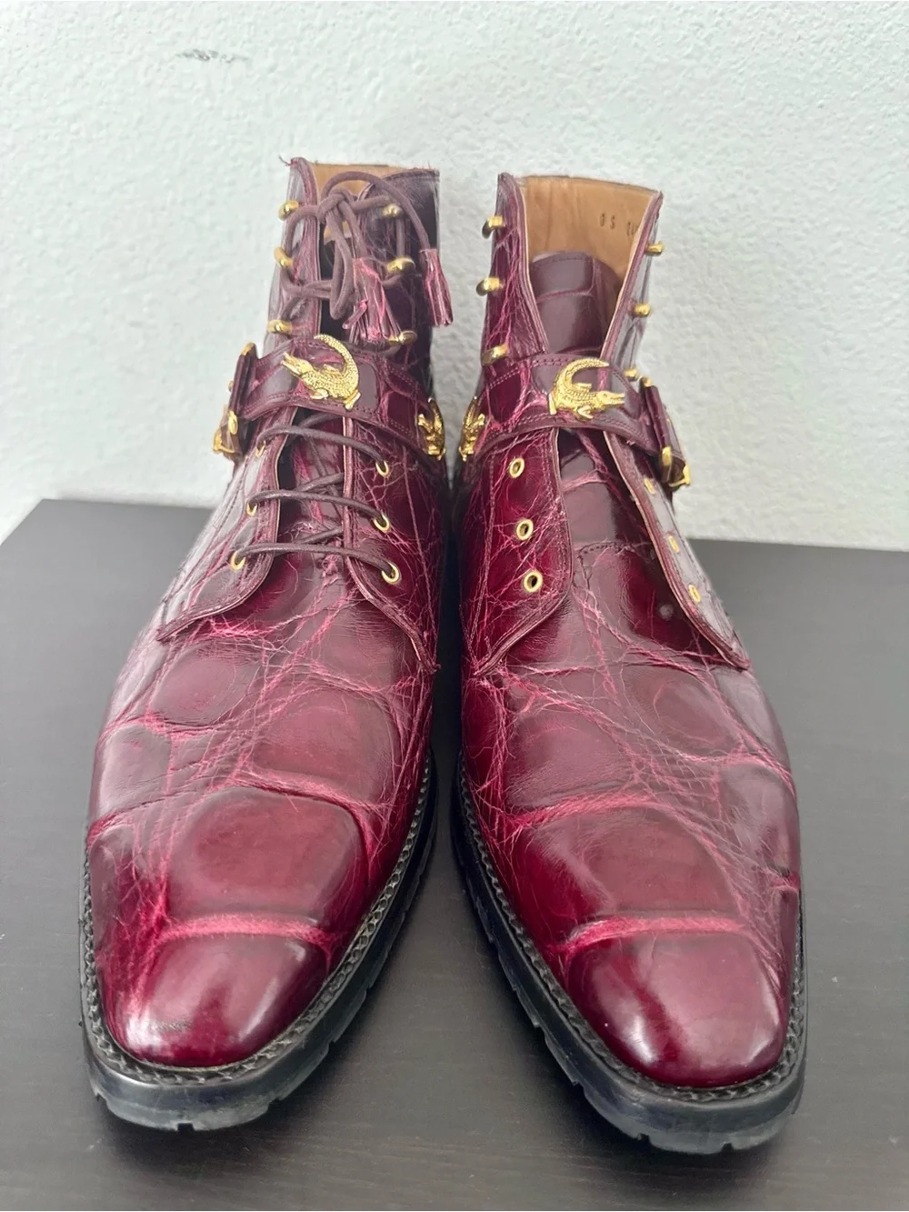 Mauri Luxury Combat Dress Ankle Boots Exotic Leather Genuine Alligator Burgundy